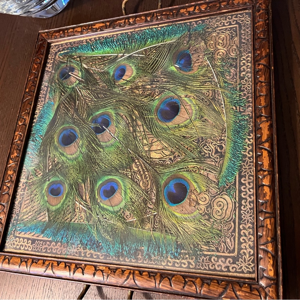 Vintage Peacock Feather Serving Tray – Brass Handles, Glass Top - Picture 3 of 6